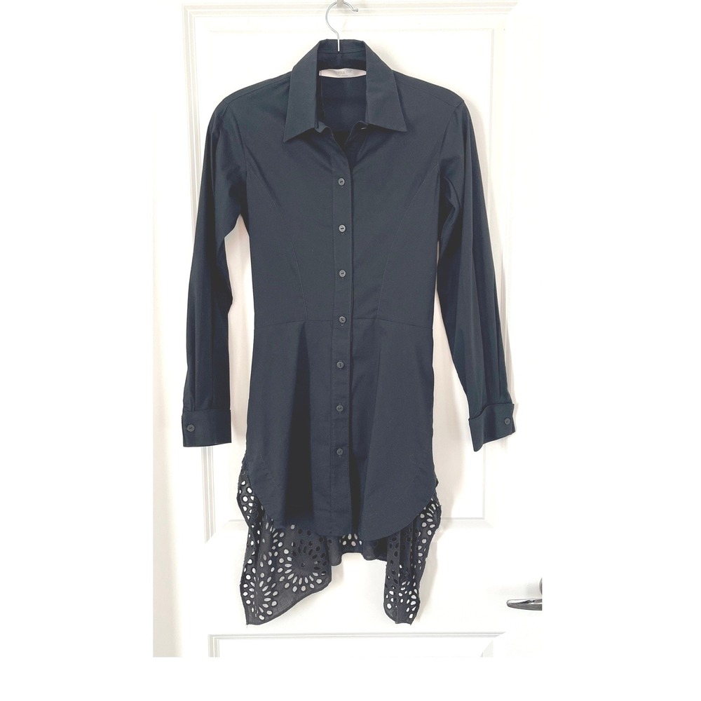 Daniela Corte Black Eyelet Hem Tunic Shirt Dress Button Front Sz 38 /‎ U.S 4-6